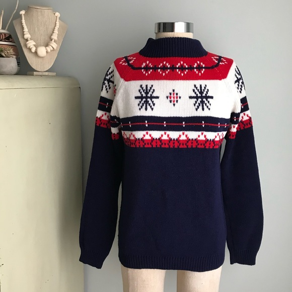 Vintage Other - 1970s VINTAGE Winter Snowflake Soft Alpine Sweater Unisex Mock Turtleneck Navy
